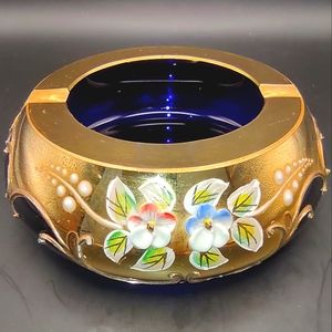 Ashtray Czech Cobalt blue glass and 24k gold plate.